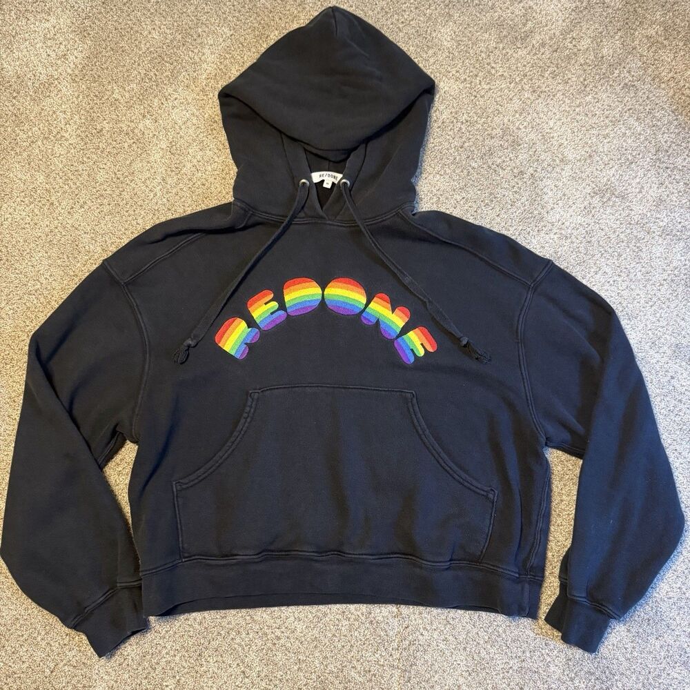 RE/DONE Women Hoodie XS Faded Black Embroidered Graphic Rainbow Pullover